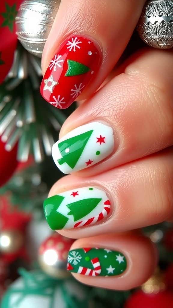 Christmas-themed nail art with red and green colors, snowflakes, and Christmas trees.